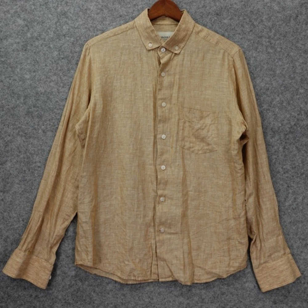 Linen Button Down Shirt Mens MEDIUM Slim Fit Oatmeal Tan Bespoke Tailored Summer